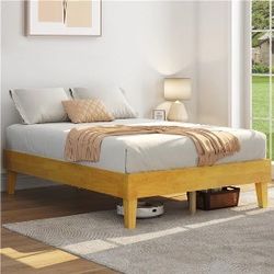 Wood Bed Frame, Wooden Platform Bed Frame w/Plywood Slats, Wood Mattress Foundation, Bed Frame with Sturdy Slat Support, Without Headboard, No Box Spr