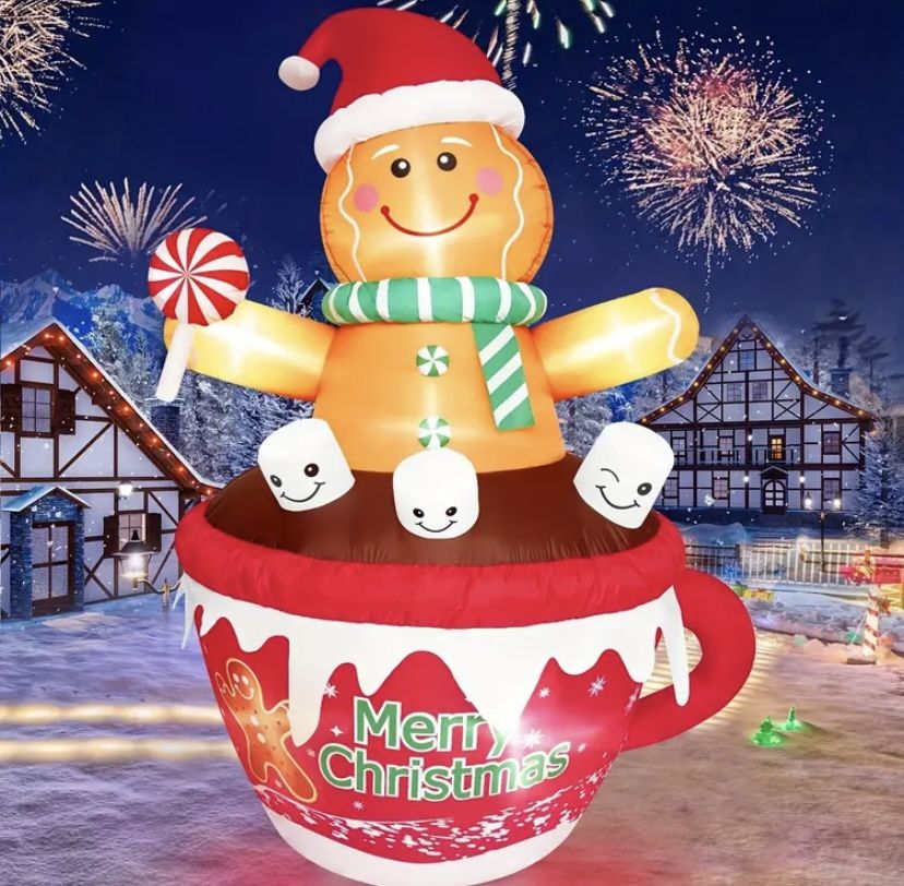 7ft Gingerbread Man in Hot Cocoa Mug Inflatable 