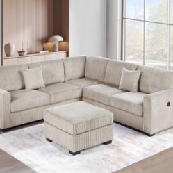 Gorgeous ‼️4-Pc Sectional Sofa With Ottoman & USB Pots Camel Corduroy Fabric 