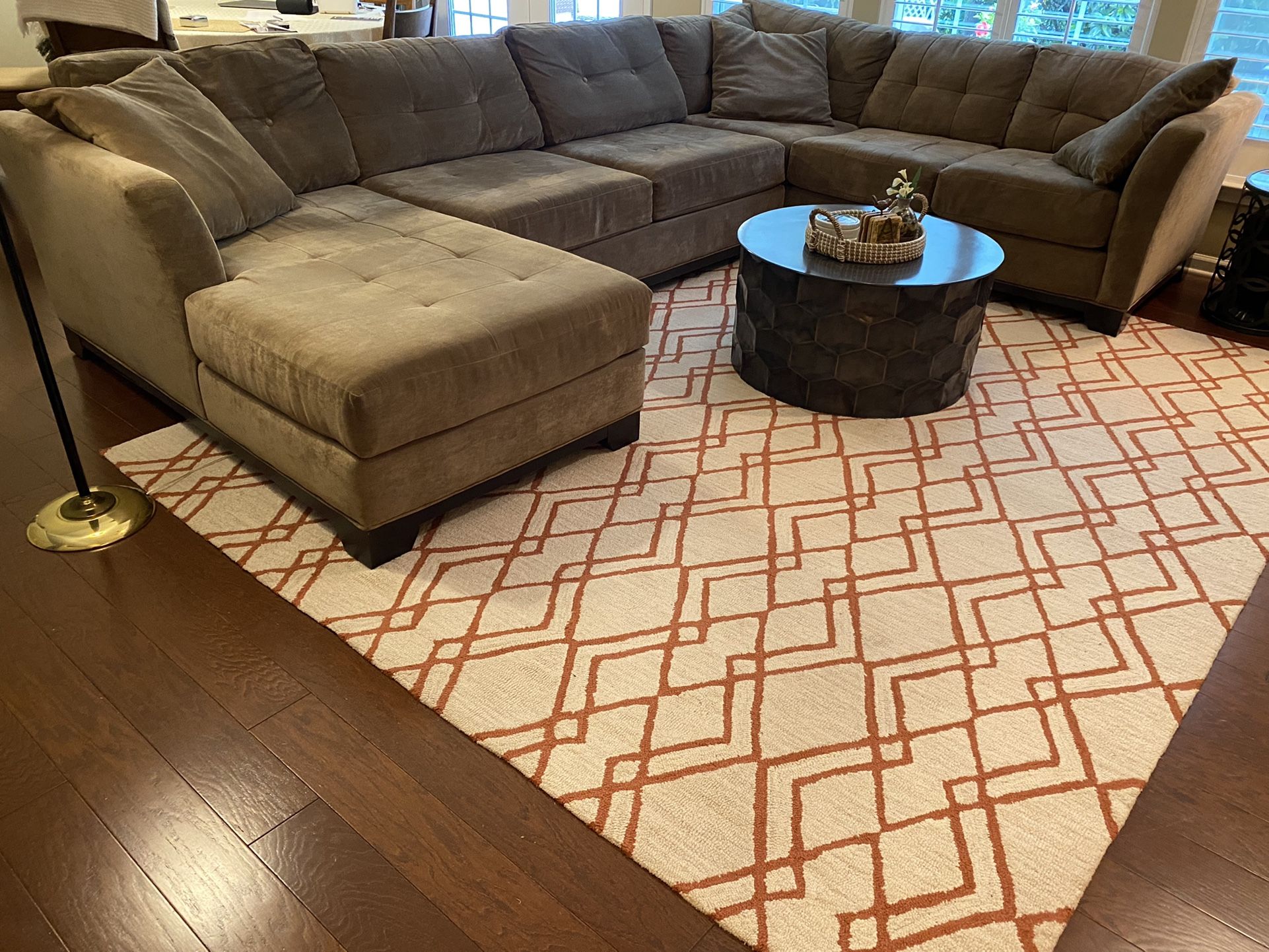 3 Piece Dark Taupe Sectional Sofa , 8x10 Area Rug, Orange Accent Chair