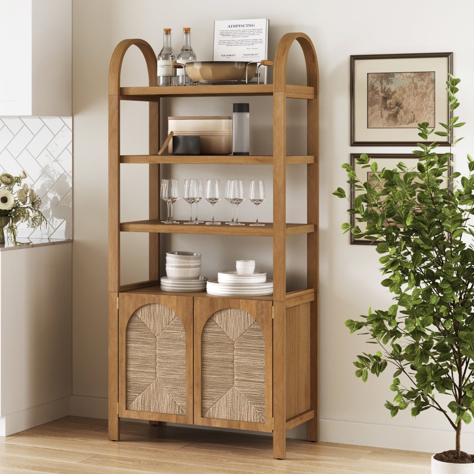 Boho Seagrass Arched Bookshelf Light Brown by Nathan James *new in box*