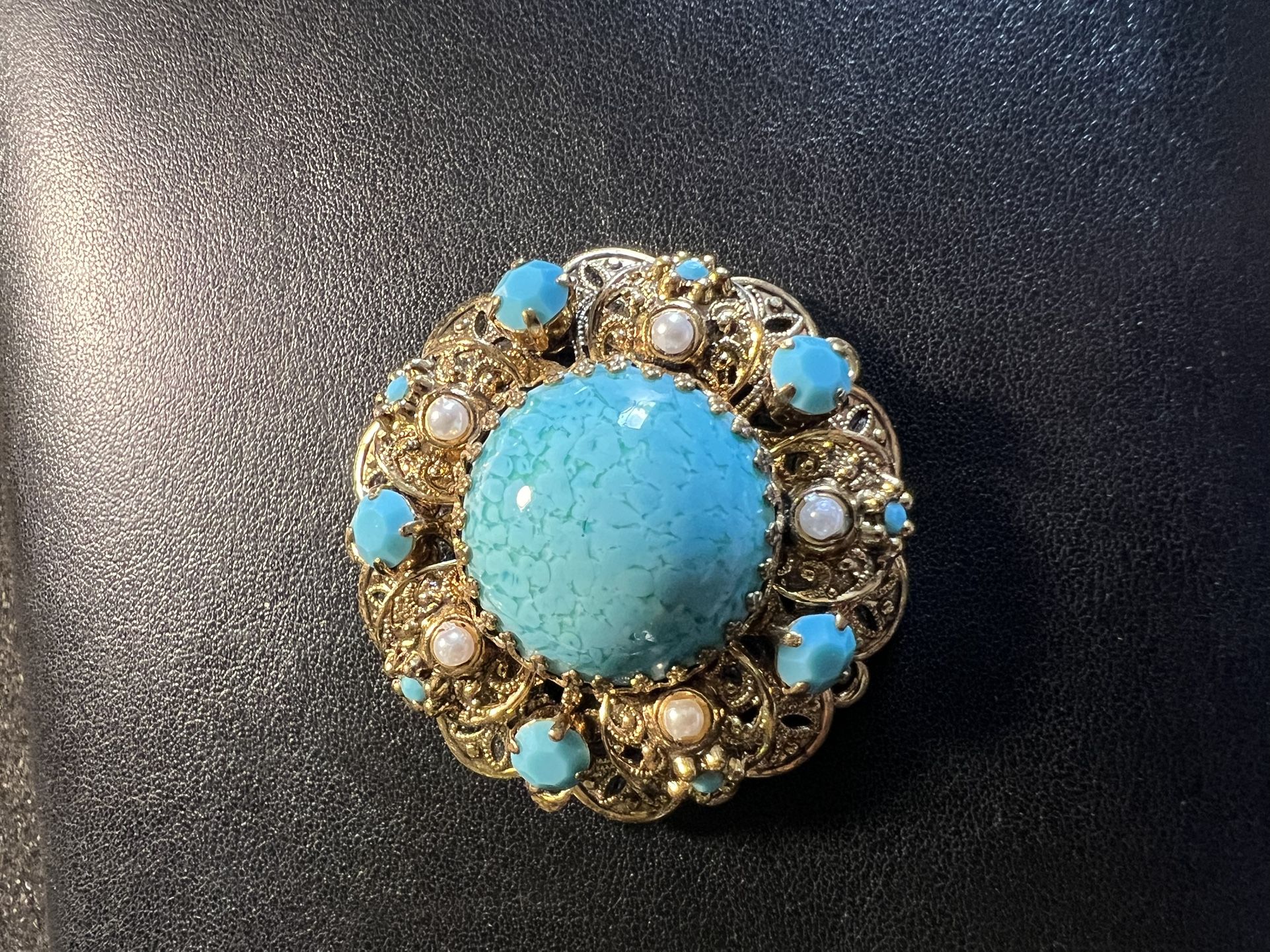Vintage West Germany Turquoise And Pearl Brooch