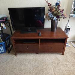 TV STAND, WITH TV, AND VCR