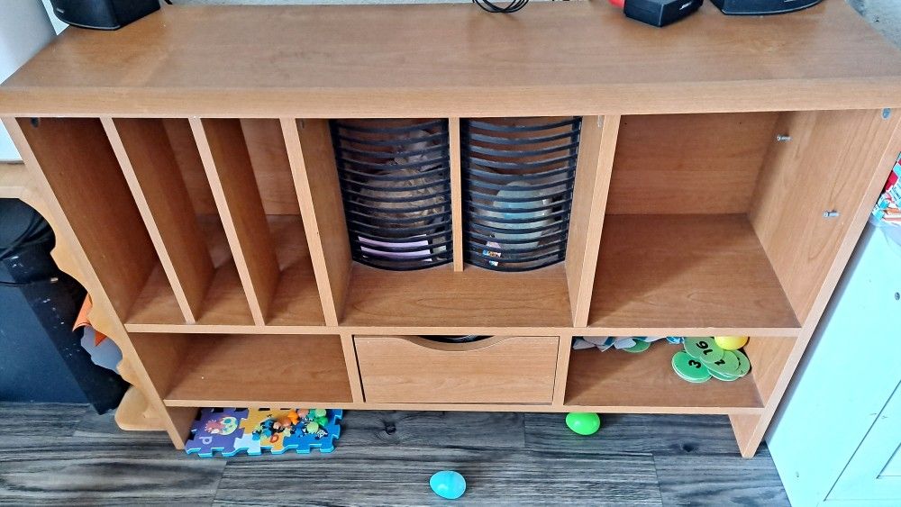 Nice, light brown wooden book case organizer with drawer. farmhouse model.