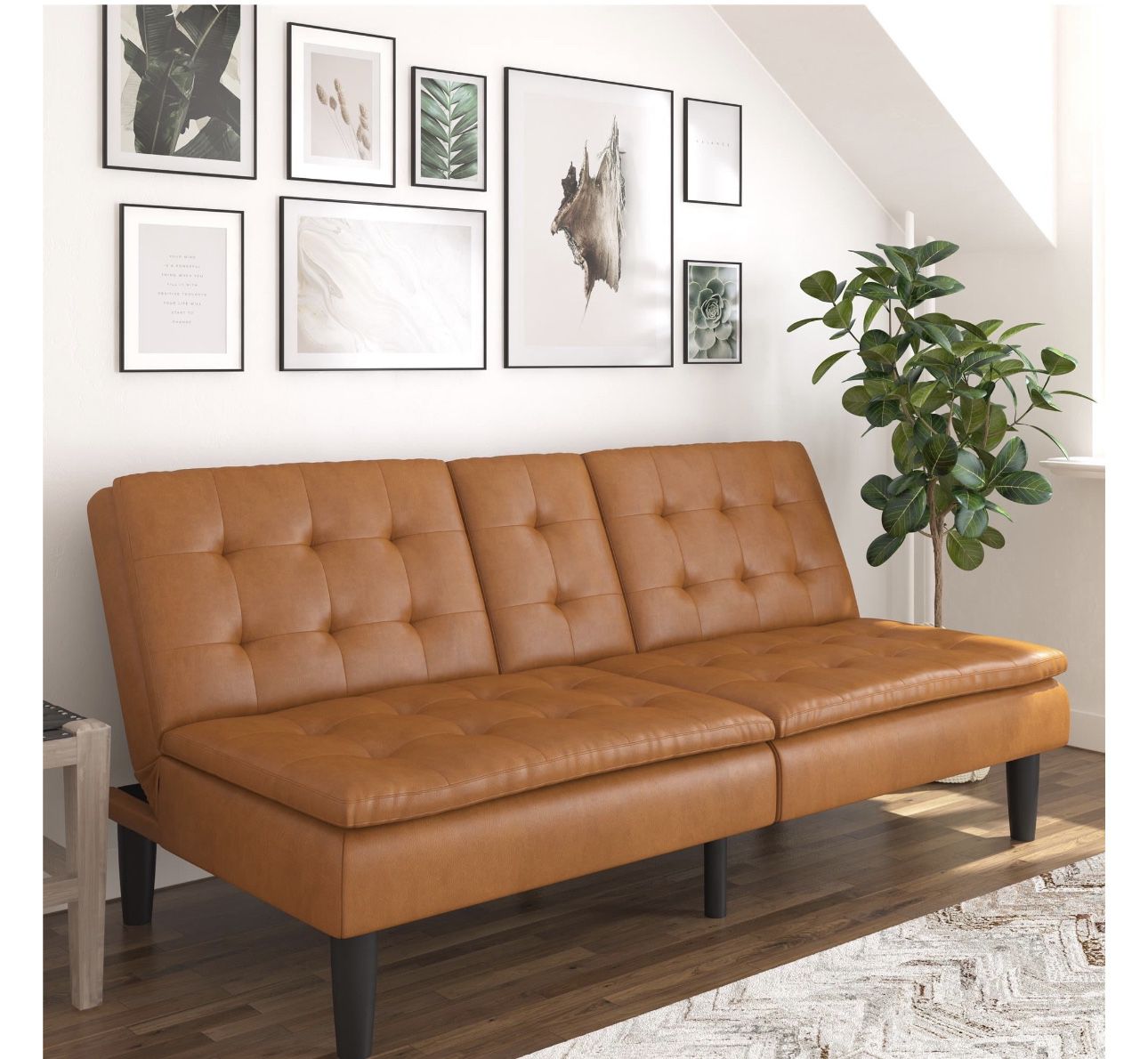 Futon with Cupholder and USB, Camel Faux Leather 