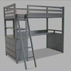 Gray Full Size Bunk Bed With Drawers And Desk.