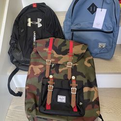 Brand New, 3 Backpacks, Under Armor and 2 Herschel $100