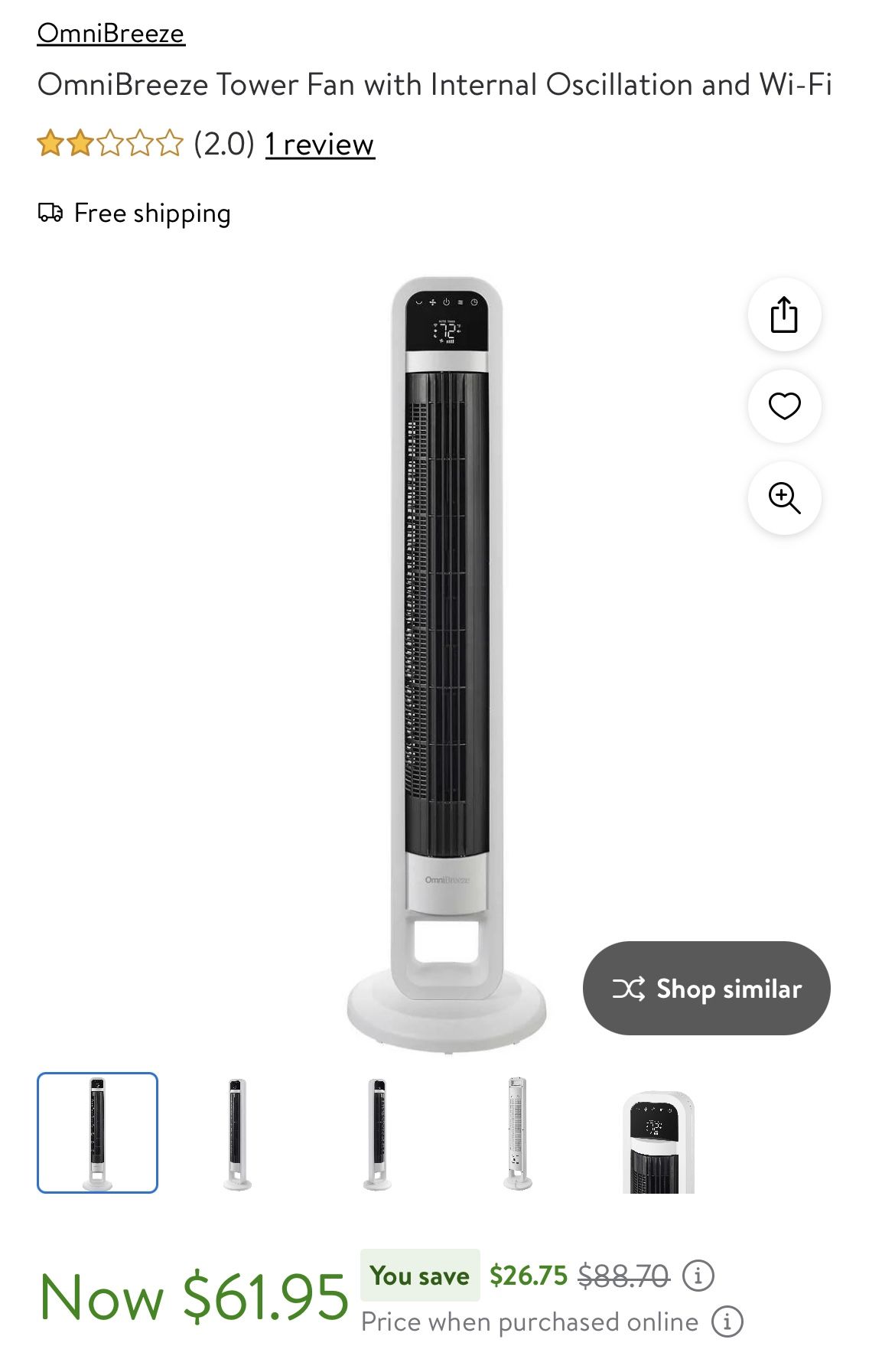 OmniBreeze Tower Fan with Internal Oscillation and Wi-Fi