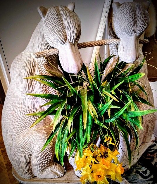 This Very Unique Hand Carved To Perfection Ivory Wash Antique Look,Of 2dogs Sharing A Stick' just A Little Over 3ft Tall