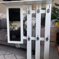 Wall Mounted Coat Rack + Mirror – 6 Hooks – Modern White – 34” x 39