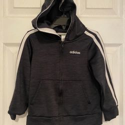 Size 3T Adidas space grey hooded track jacket  With white stripes  In great condition