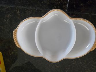 Vintage Fire-King Milk Glass Divided Dish with Gold Beaded Rim