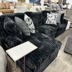 Fluffy Black Corduroy Sectional Couch