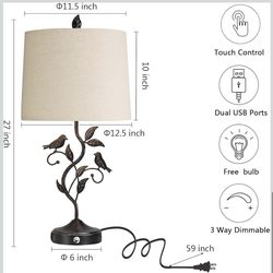 RORIANO 27" Touch Farmhouse Table Lamps for Living Room with 3-Way Dimmable 2 USB Ports, Vintage Rustic Iron Leaf Nightstand Lamp for Bedroom, LED Bul