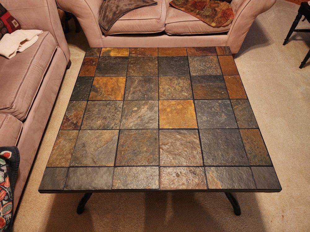 Ashley Furniture Stone Top - Metal base 40" Square Coffee Table w/ Shelf