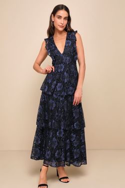 Navy Blue Lace Ruffled Tiered Sleeveless Maxi Dress