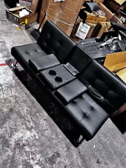 Futon Couch with Removable Armrests, Recliner Sleeper Sofa Bed with Dual Cup Holders for Living Room, Apartment, Office|Black