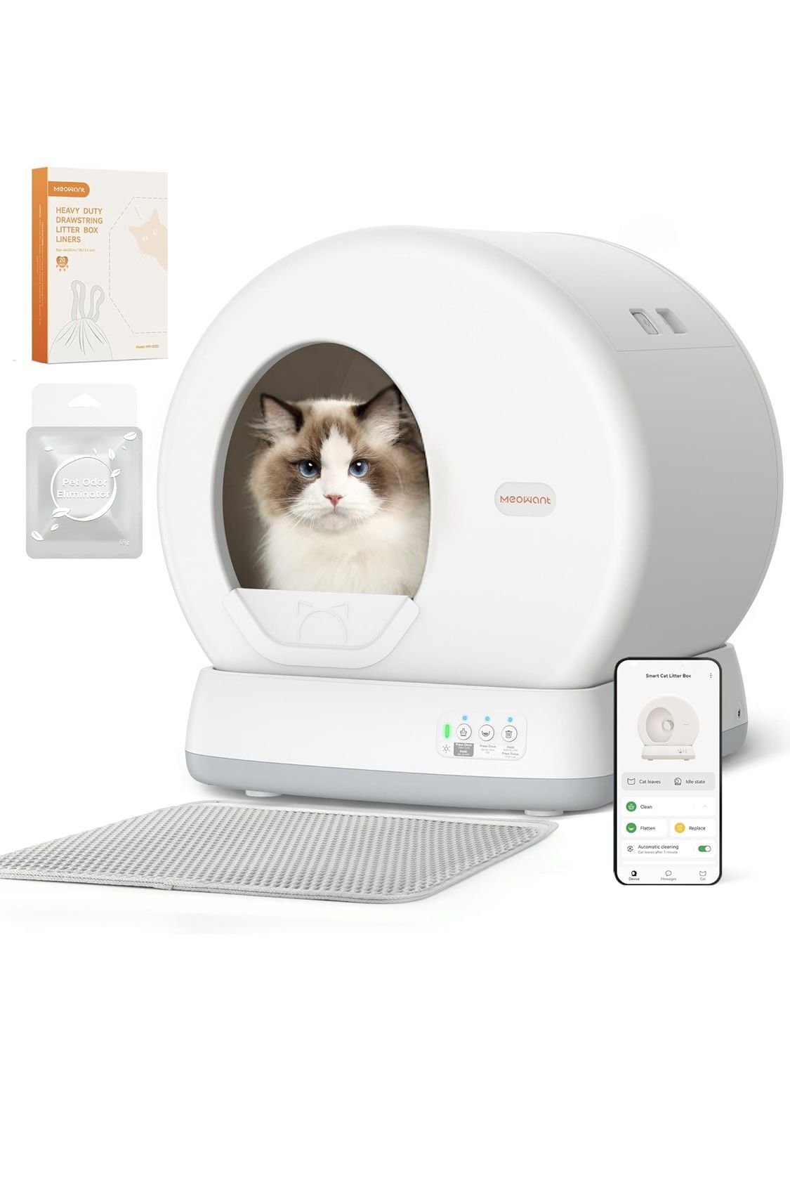 MeoWant Self-Cleaning Cat Litter Box, Integrated Safety Protection Automatic Cat Litter Box for Multi Cats, Extra Large/Odor Removal/APP Control Smart