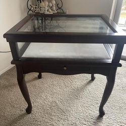 SOLID CHERRY WOOD AND GLASS END TABLES SET OF TWO FOR $150