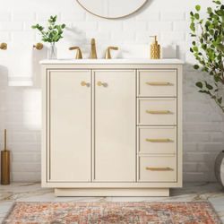 Stanfield 36-in Linen Beige Undermount Single Sink Bathroom Vanity with White Engineered S...