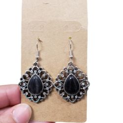 Silver Toned Black Gem Bling Drop Earrings