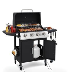 Propane Gas Barbecue Grill, 4-Burner BBQ Grill, 40,000 BTU Outdoor with Wheels for Patio, Foldable Side Table Backyard & Family Cooking