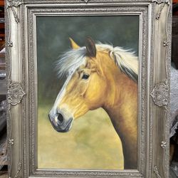 Large 38x50 Horse Painting – Ornate Frame – Original Art