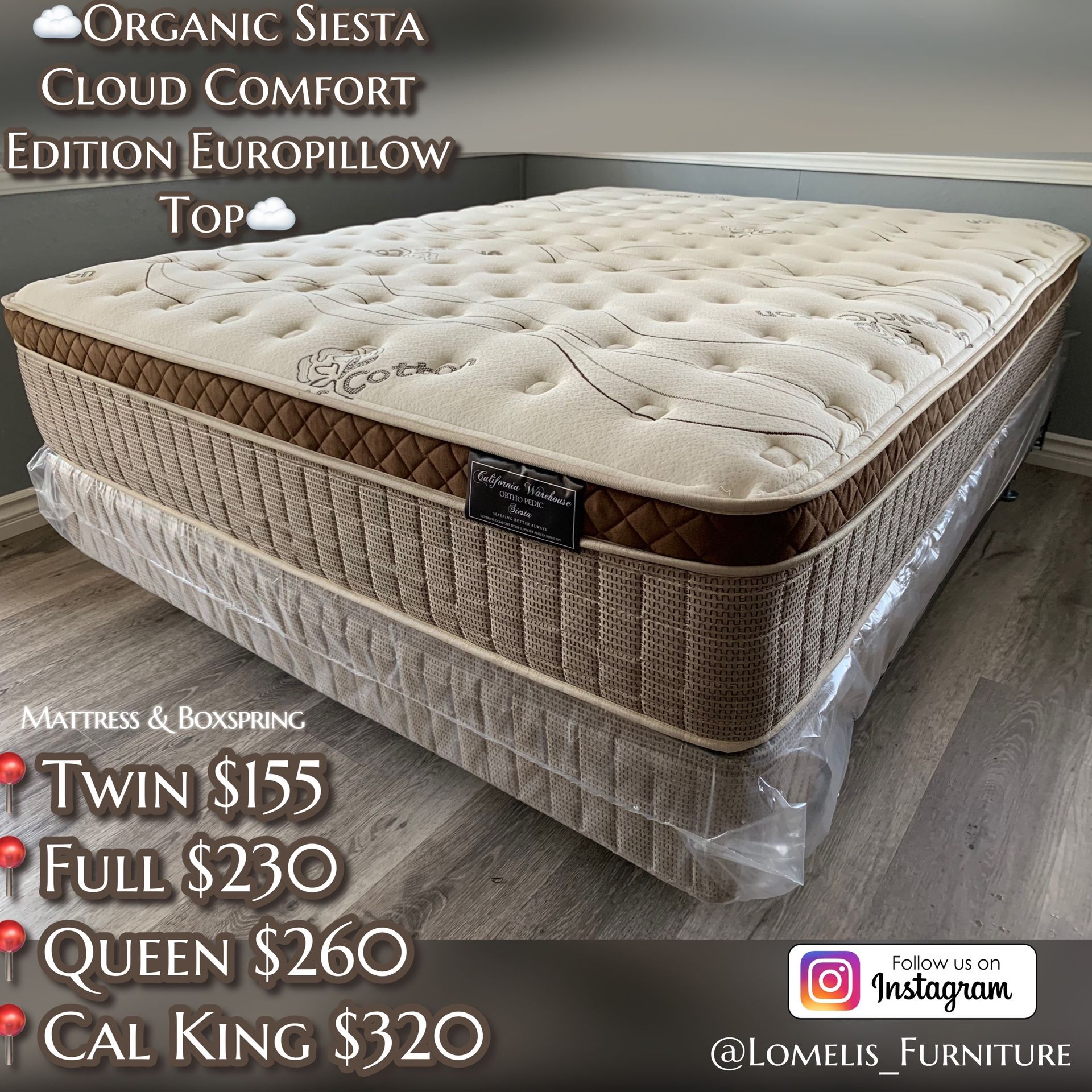 12in King Size Organic Cloud Comfort Europillow Top Mattress and Boxspring
