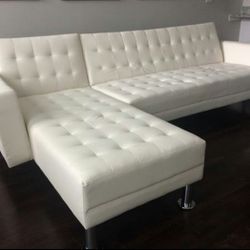 White Leather Sectional/ Sofa Bed Futon