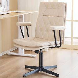 Desk Chair No Wheels with Arms Crossleg Stationary Ergonomic Soft Cushion Home Office Swivel Working Computer Chair  Color- Ivory