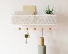 White Metal Wall Shelf with Key Hooks