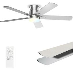 Ceiling Fans with Lights 52 Inch, Flush Mount, Remote Control, 3CCT Dimmable, 6 Speeds, Quiet Reversible DC Motor, Low Profile Silver Nickel Ceiling F