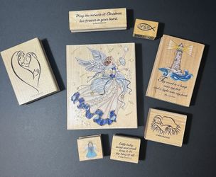 Lot of 8 Wood Mounted Rubber Stamps - Christian, Angel, Baby Jesus, Lighthouse