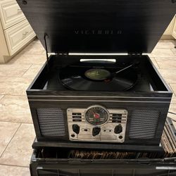 Victrola Record Player And Box Of Classic Rock Records