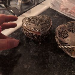 Double Heart Antique Real Silver Jewelry Keeper