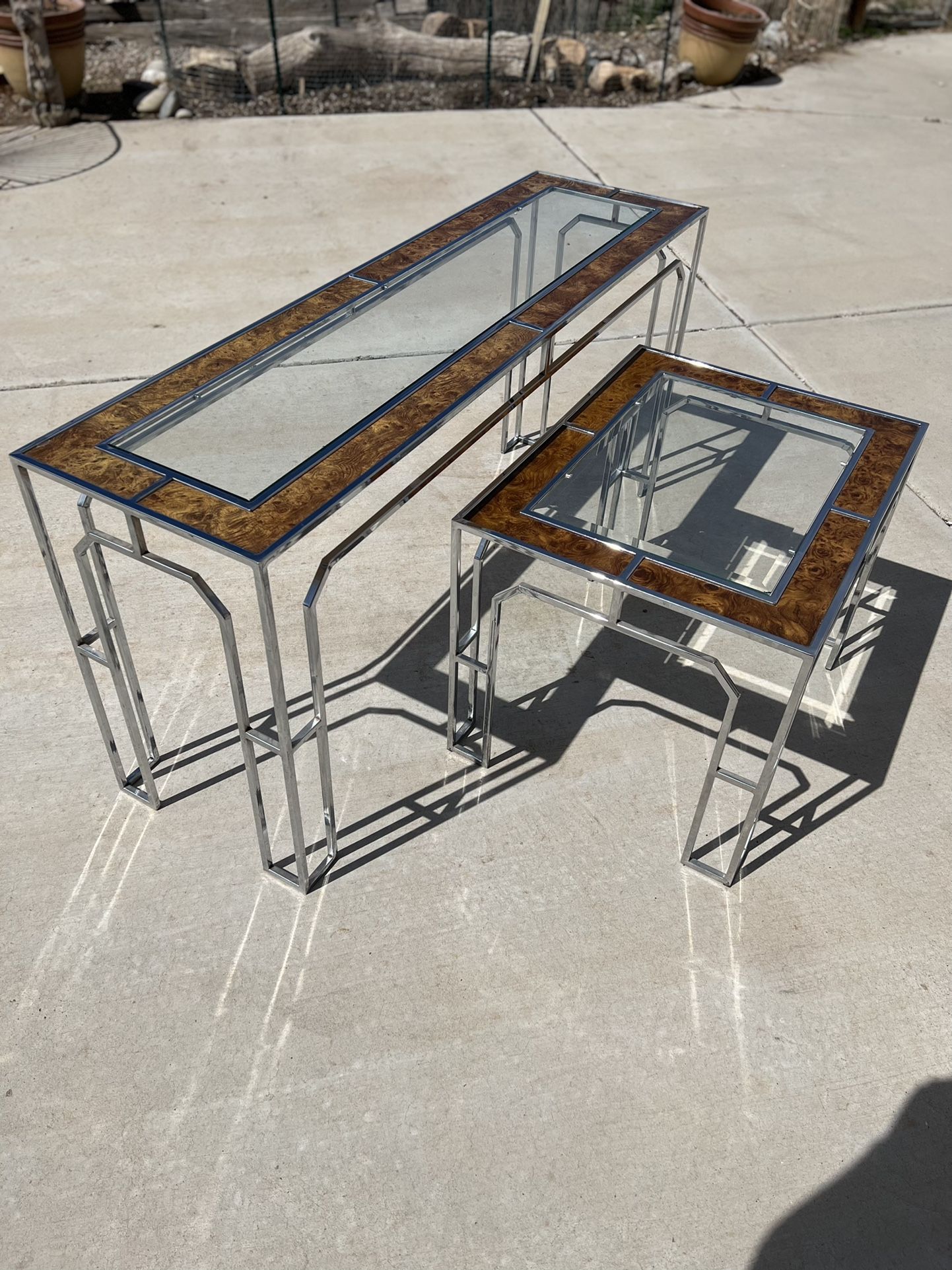 Milo Baughman Pair of MCM Chrome & Burl Maple End & Console Tables