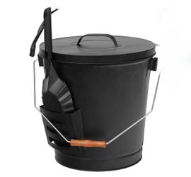 5.15 Gal Large Fireplace Ash Bucket W/ Lid & Coal Shovel, Black