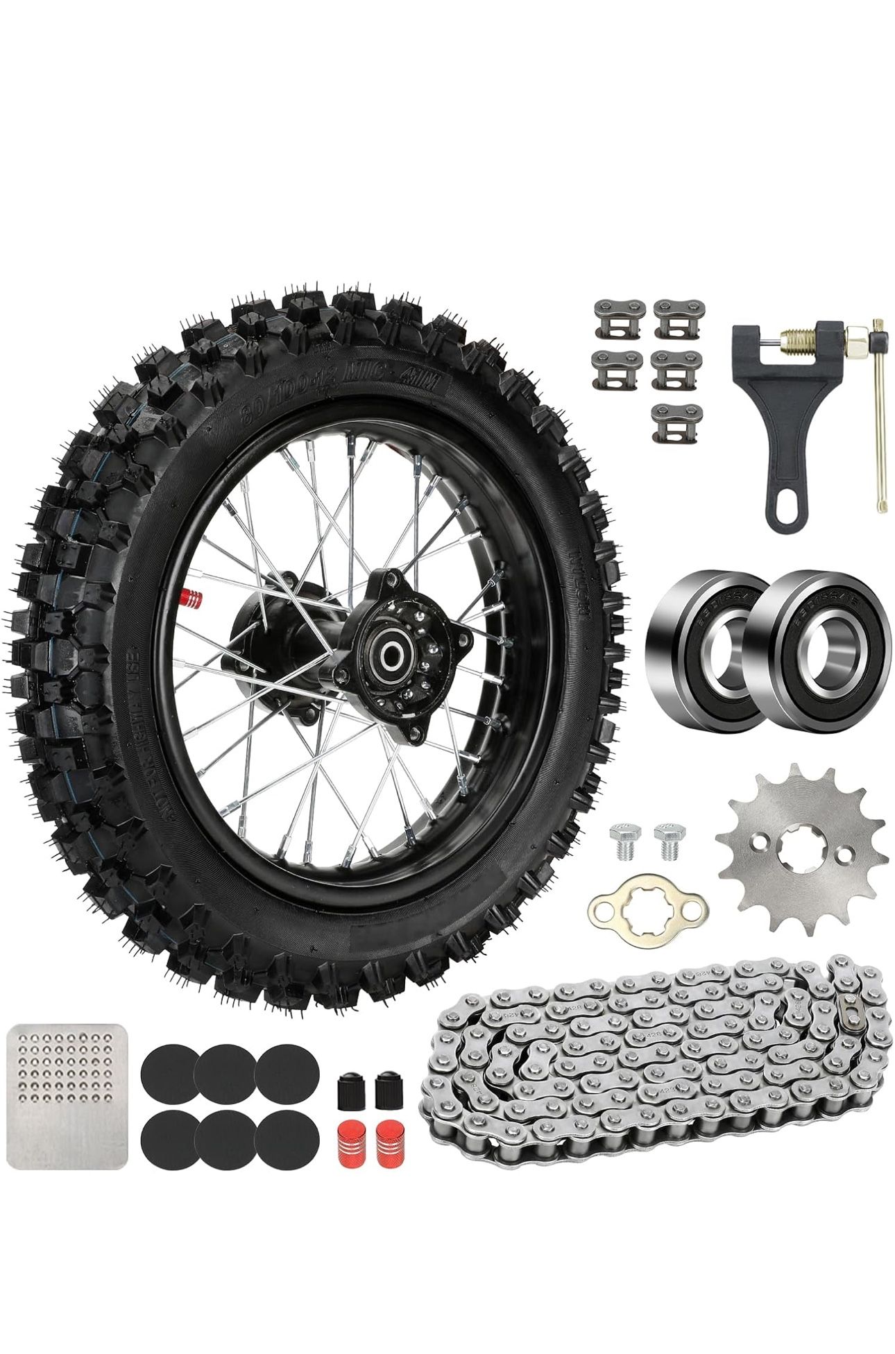 12'' Wheel & 80/100-12 3.00-12 80x100x12 Rear Dirt Bike Tire Rim for 125cc 110cc SSR CRF70 CRF110F PW80 TTR110 KLX110 KLX110L KX65 DS80 JR80 Baja DR70