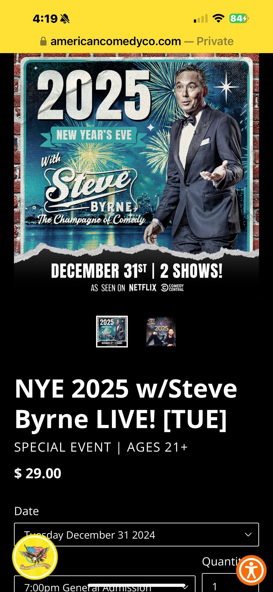 Sold Out NYE Show - 7pm Tonight - Steve Byrne