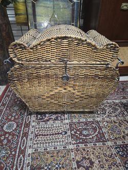 Vintage Brown Woven Wicker basket with wrought iron handles 