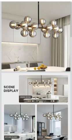 16 Lights Mid Century Modern Chandelier Black Linear Chandelier Light Fixtures Glass Globe Sputnik Pendant Light for Dining Room Kitchen Island (Smoke