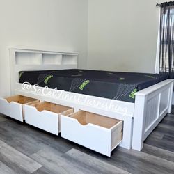 White Queen Bed With Drawers And Memory Foam Mattress 