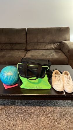 Bag, bowling ball, and shoes