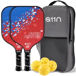 A11N HyperFeather R Pickleball Paddles Set Of 2 For Beginners With 4 Outdoor Balls And 1 Backpack, Blue/Red