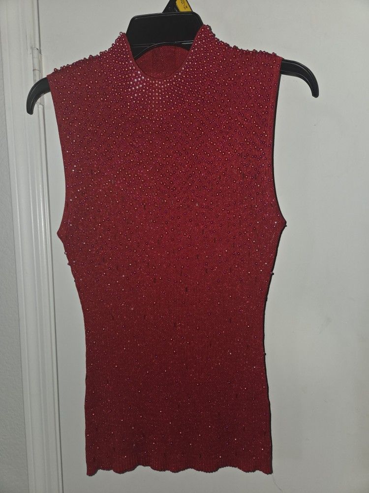 Red Beaded 100% Silk Sweater 