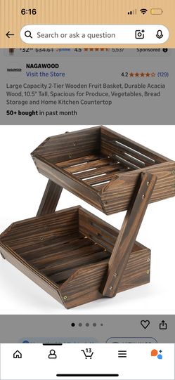 Large Capacity 2-Tier Wooden Fruit Basket, Durable Acacia Wood, 10.5" Tall, Spacious for Produce, Vegetables, Bread Storage and Home Kitchen Counterto