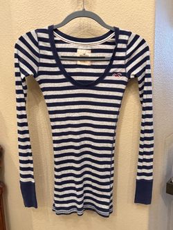 Vtg Hollister Navy & White Striped Y2K Long-Sleeve Scoop Neck Top Size Small