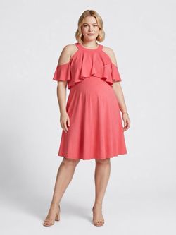Motherhood Maternity Coral Cold-Shoulder Ruffle Midi Dress