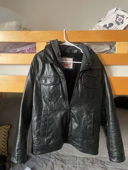 Levi's Men's Black Leather Motorcycle Jacket Hooded Lined Zip , Size Small