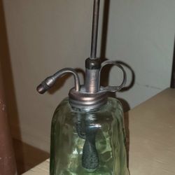 VINTAGE INDUSTRIAL STEEL METAL GREEN GLASS PLANT ATOMIZER FLOWER MISTER JAR WATERING CAN COLLECTABLE DECOR